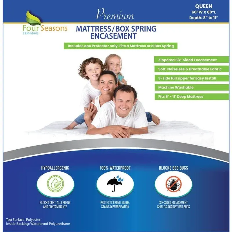 Premium Queen Mattress Protector - Waterproof, Zippered Bedbug Cover, Hypoallergenic Bed Encasement