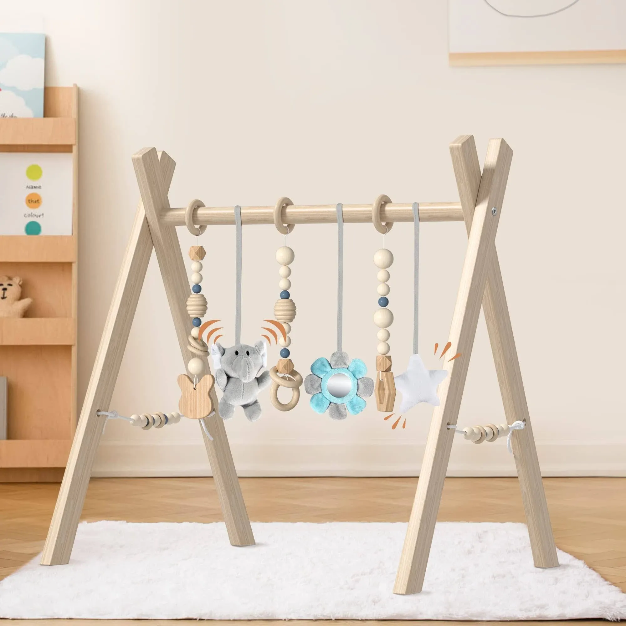 Wooden Baby Gym with 6 Gym Toys, Detachable Wooden Play Gym Frame Activity Gym Hanging Bar Baby Toys for Activity Gym, Ages Newborn + (Zoo Themes)