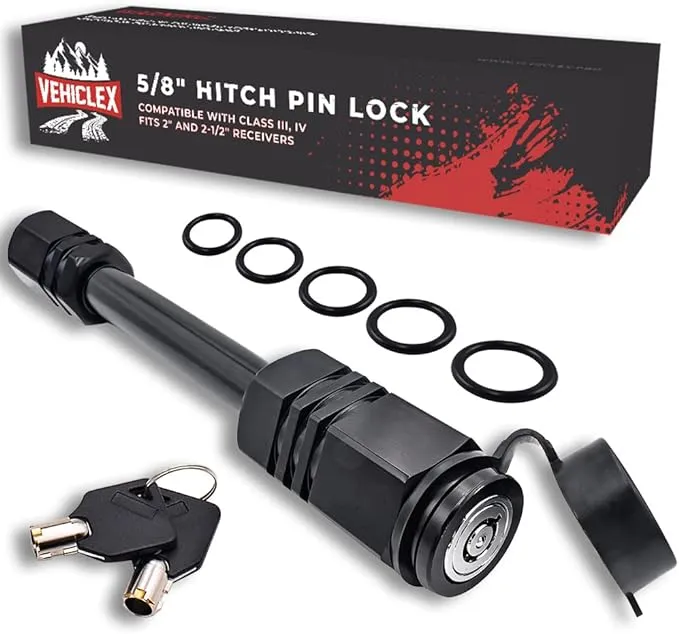 Trailer Hitch Pin Lock for 2" Receiver - Vehiclex Secure 5/8" Locking Pin for Class III, IV Hitch with Exclusive Tubular Key, Built Tough for Dust, Mud, and Thieves