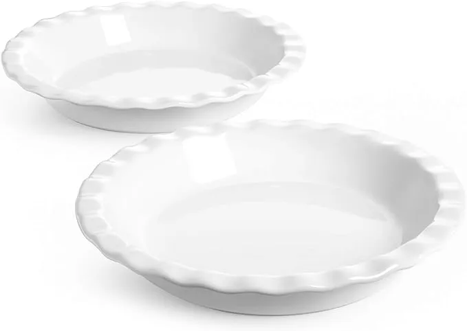 LE TAUCI Ceramic Pie Pans for Baking, 9 Inches Pie Plate for Apple Pie, Round Baking Dish, 36 Ounce Fluted Dish Pie Pan, Set of 2, White