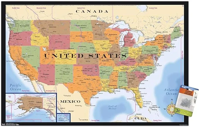 Map - USA Time Zones Wall Poster with Push Pins