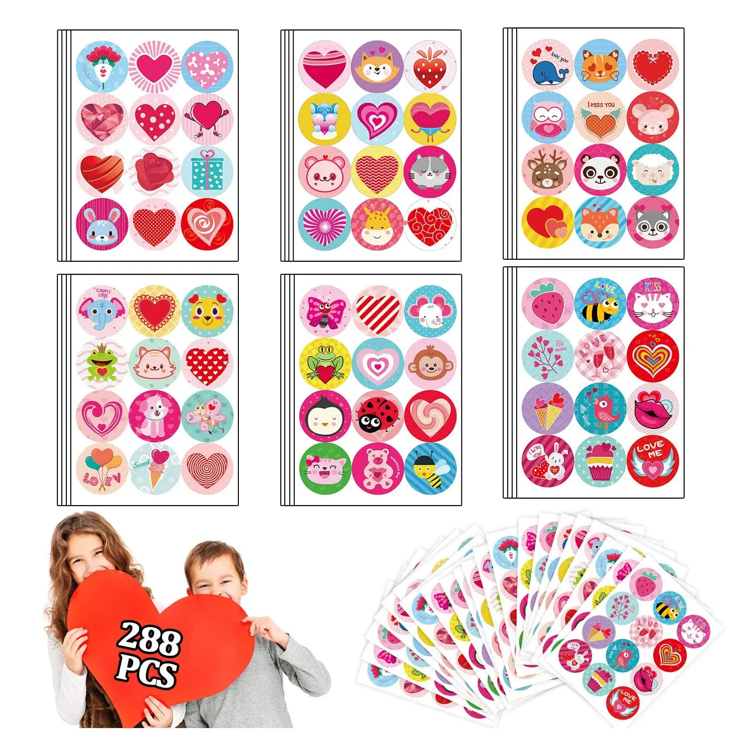 Partywind 24 Sheets Valentines Day Stickers Prize for Kids Classroom, Valentines