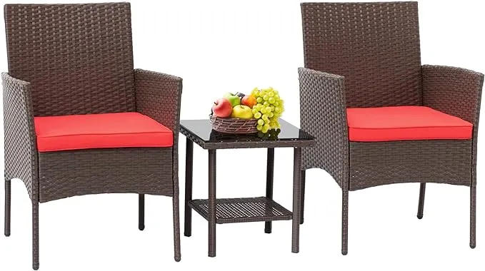 FDW Patio Bistro Conversation Set Wicker Furniture 2 Rattan Chairs Cushions and Glass Coffee Table for Porch Lawn Garden Balcony Backyard, 3 Pieces, B