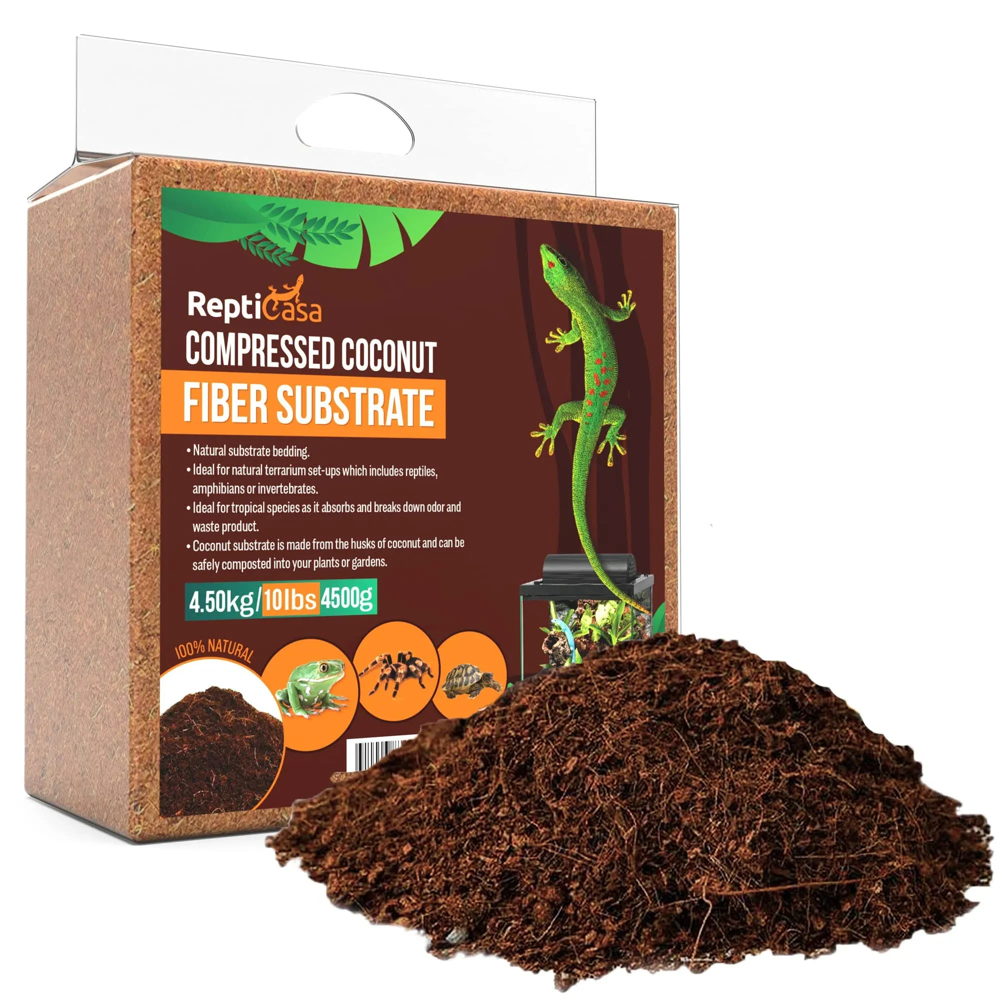 Compressed Coconut Fiber Substrate, 10 lb. Block, Natural Husk Terrarium Bedding, Reptiles, Frogs, Snakes, or Tortoise, Odor and Waste Absorbent Compostable, Organic with High Expansion