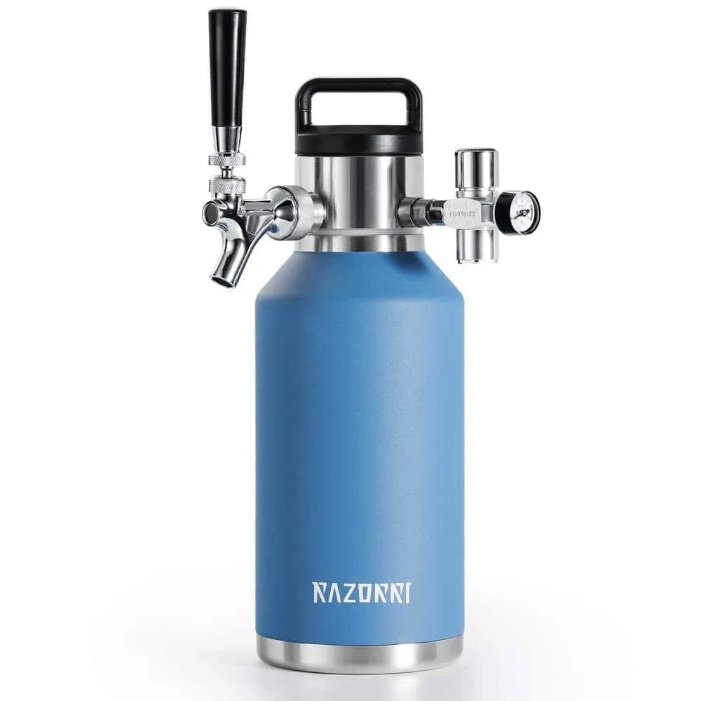 Razorri 64oz Stainless Steel Beer Growler, Double-Wall Vacuum Insulated Carbonated Keg with Professional Bar Tap and Pressurized CO2 Regulator, Half