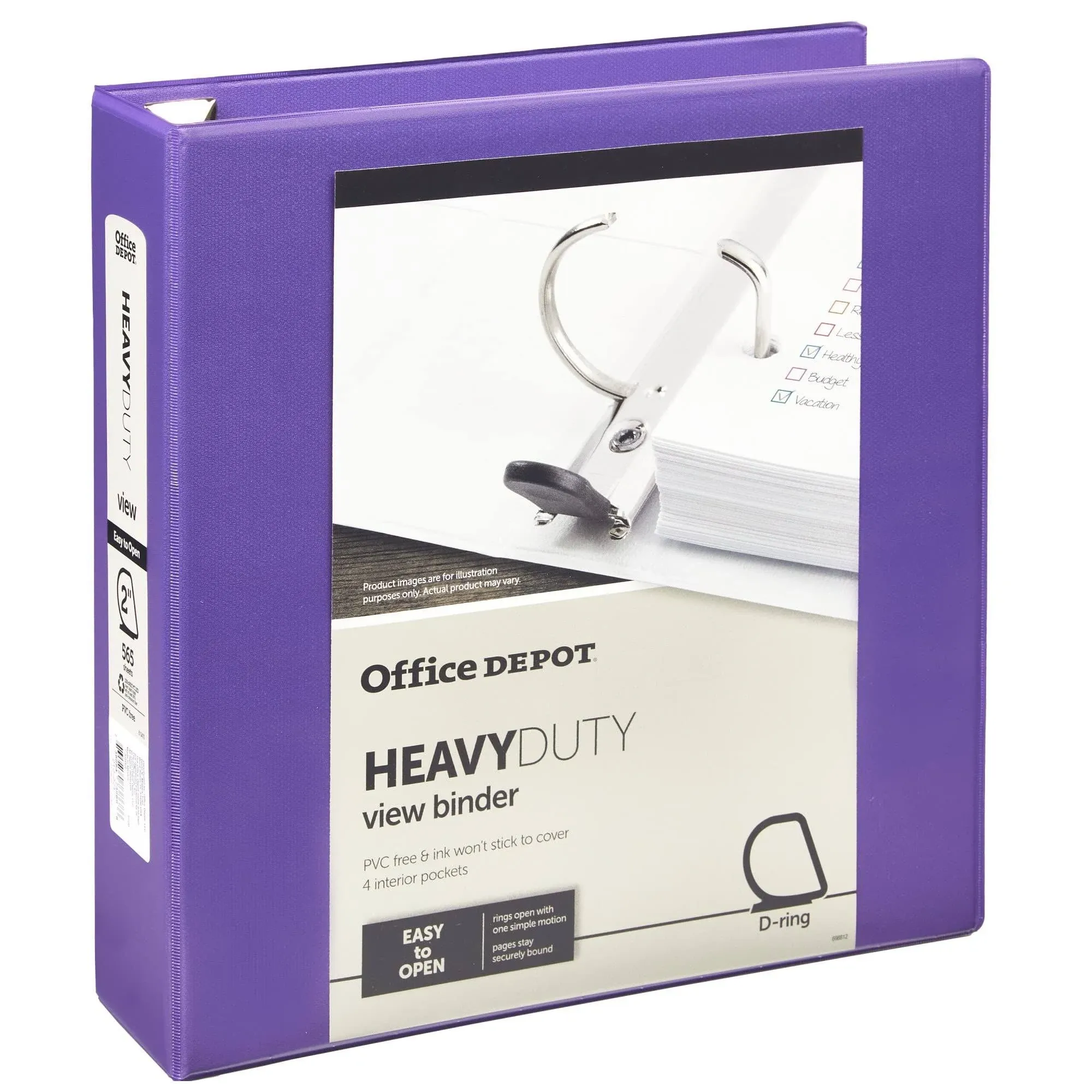 Office Depot Heavy-Duty View 3-Ring Binder, 2" D-Rings, Purple