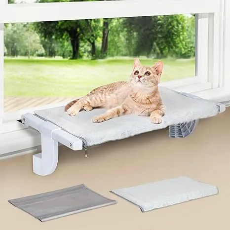 Cat Hammock - Comfortable Cat Window Shelf, Cat Window Perch for Indoor Cats,Cat Bed, 4 Suction Cups, Metal Frame, Foldable Design -Two Covers in