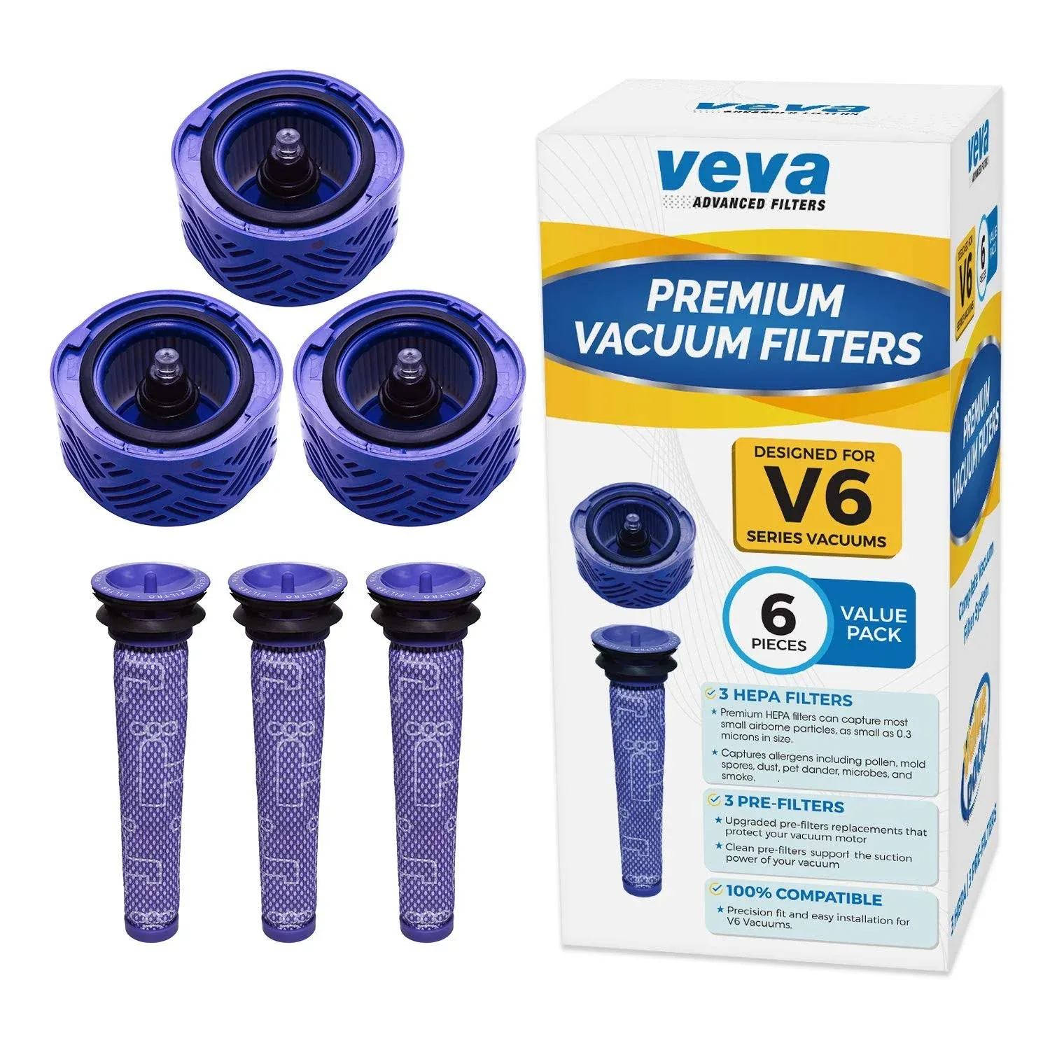 VEVA 6-Pack Premium Vacuum Filters Set - Compatible with Dyson V6 Absolute Vacuums, Part # 965661 & 966741-3 Pre-Filters & 3 HEPA Filters for Enhanced Air Quality & Suction Performance