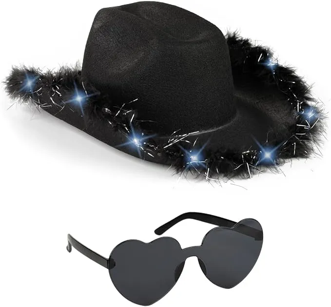 Funcredible White Cowboy Hat and Glasses - Light Up Cowgirl Hat for Girls - Cowboy Hat with Feathers