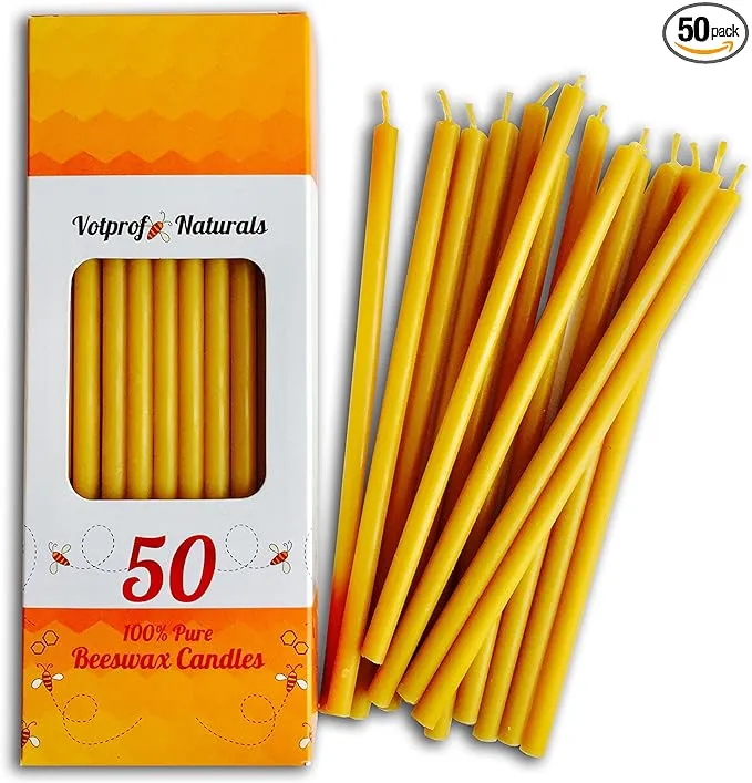 50 All Natural Décor 100% Pure Beeswax Taper Candles – Tall (6 in), Unscented, Dripless, Smokeless, Slow Burning, Non Toxic, Honey Scent - for Home, Dinner, Cake, Prayer, Church, Hanukkah, Christmas