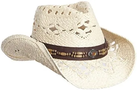 Straw Cowboy Hat W/Vegan Leather Band & Beads, Shapeable Brim