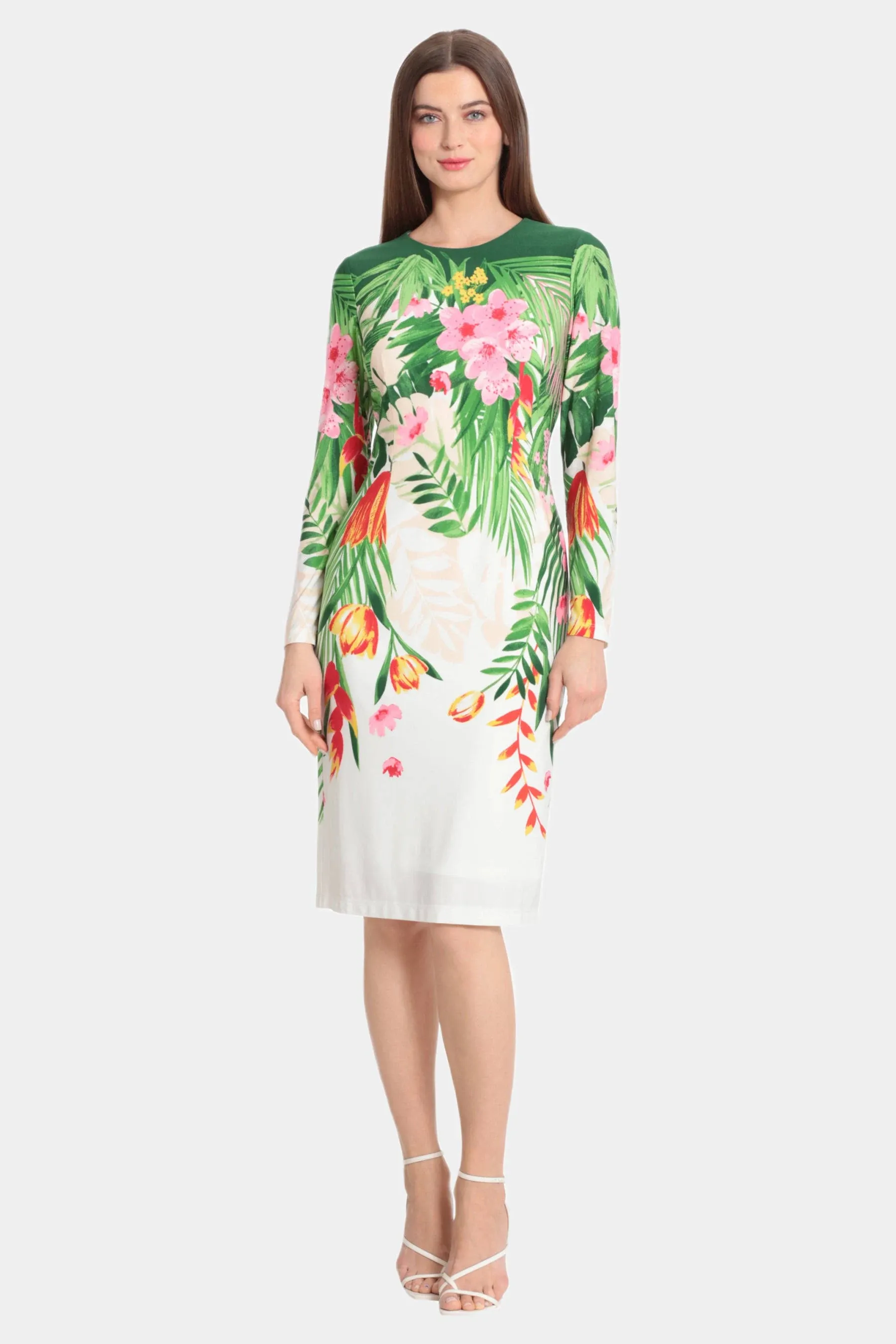 Maggy London Stretch Tropical Print Long Sleeve Sheath Dress - 0