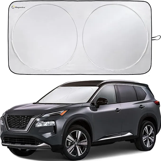 Magnelex Car Windshield Sunshade with Bonus Steering Wheel Sun Shade. Reflective Polyester Blocks Heat and Sun. Foldable Sun Shield That Keeps Your Vehicle Cool (Medium 59 x 31 in)