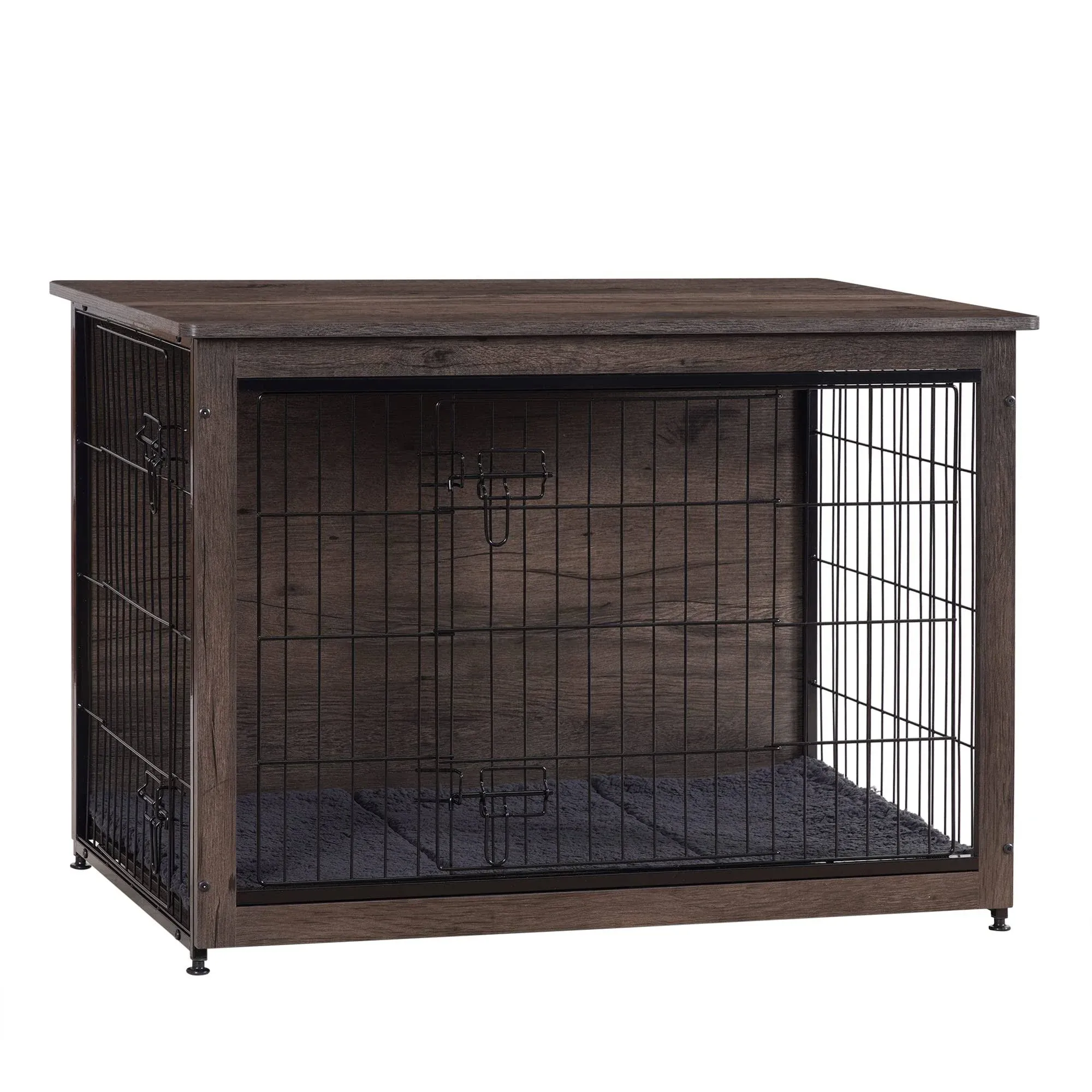 DWANTON Dog Crate Furniture with Cushion, Large Wooden Dog Crate with Double Doors, Dog Furniture, Indoor Dog Kennel, End Table, Large, 38.5" L, Dark