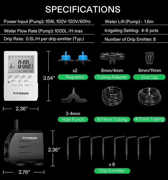 FlexFeed Automatic Drip Irrigation Kits, All in One Professional Grow Kit - Includes Regulator + Drip Emitters, Pump, Timer, End Cap, Tubing Adapter,