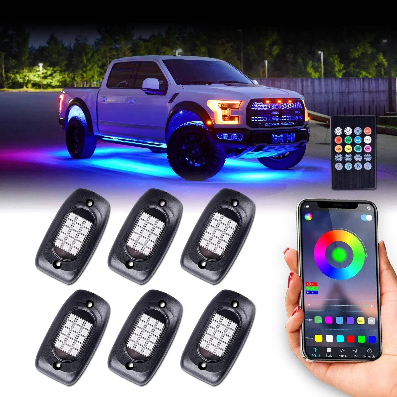 LED Rock Lights 6-Pods RGB Colorful Underglow Kit Neon Undercarriage Light, I...