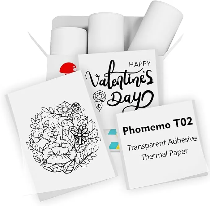 Phomemo T02 Transparent Adhesive Thermal Paper, Sticker Paper Printer Label, 1.96" x 11.4' (50mmx3.5m/Roll), Black Text, Keep for Long Time, 3 Rolls