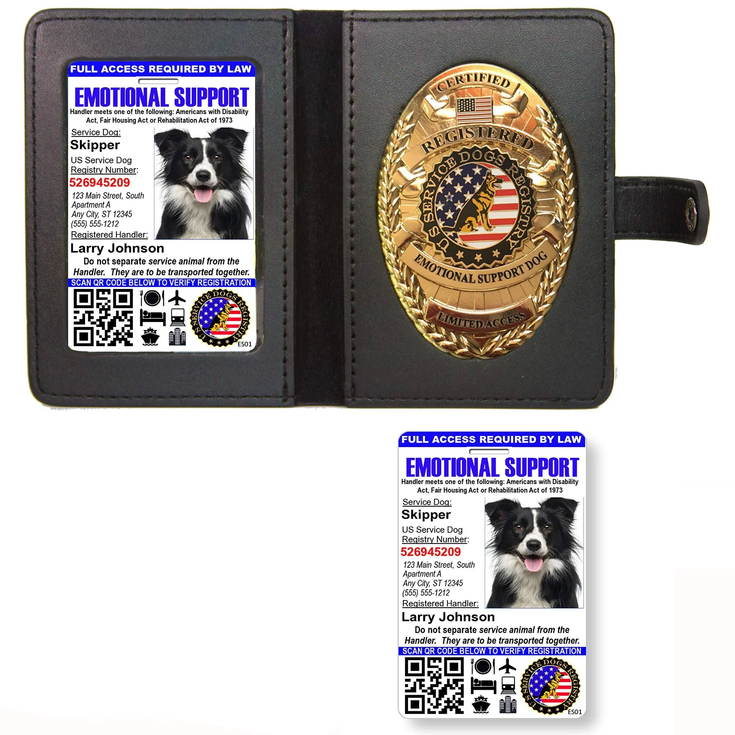 Just 4 Paws Custom Emotional Support Dog Badge & Leather Wallet with 2 Custom Photo ID Cards with QR Code & Security Seal and Optional Holograph & Registration on US Service Dog Registry