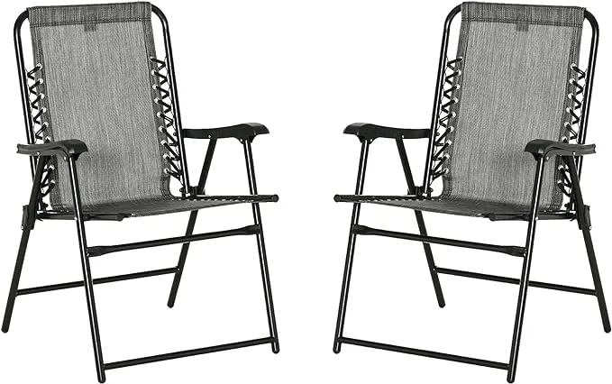 Outsunny Set of 2 Patio Folding Chairs, Outdoor Bungee Sling Chairs w/Armrests, Portable Lawn Chairs for Camping, Garden, Pool, Beach, Backyard, Gray