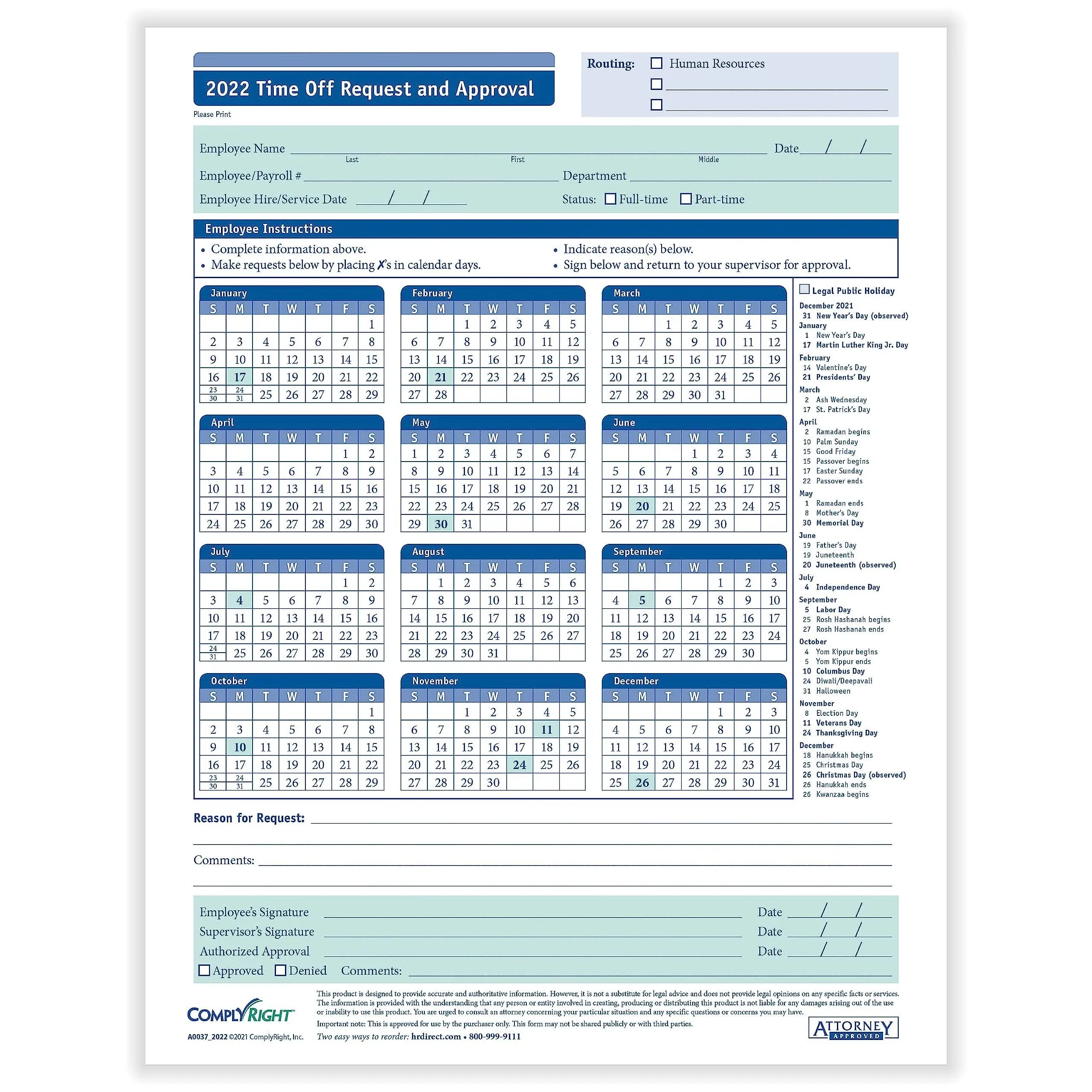 ComplyRight 2025 Time Off Request and Approval Calendar, Pack of 50 (A0037)