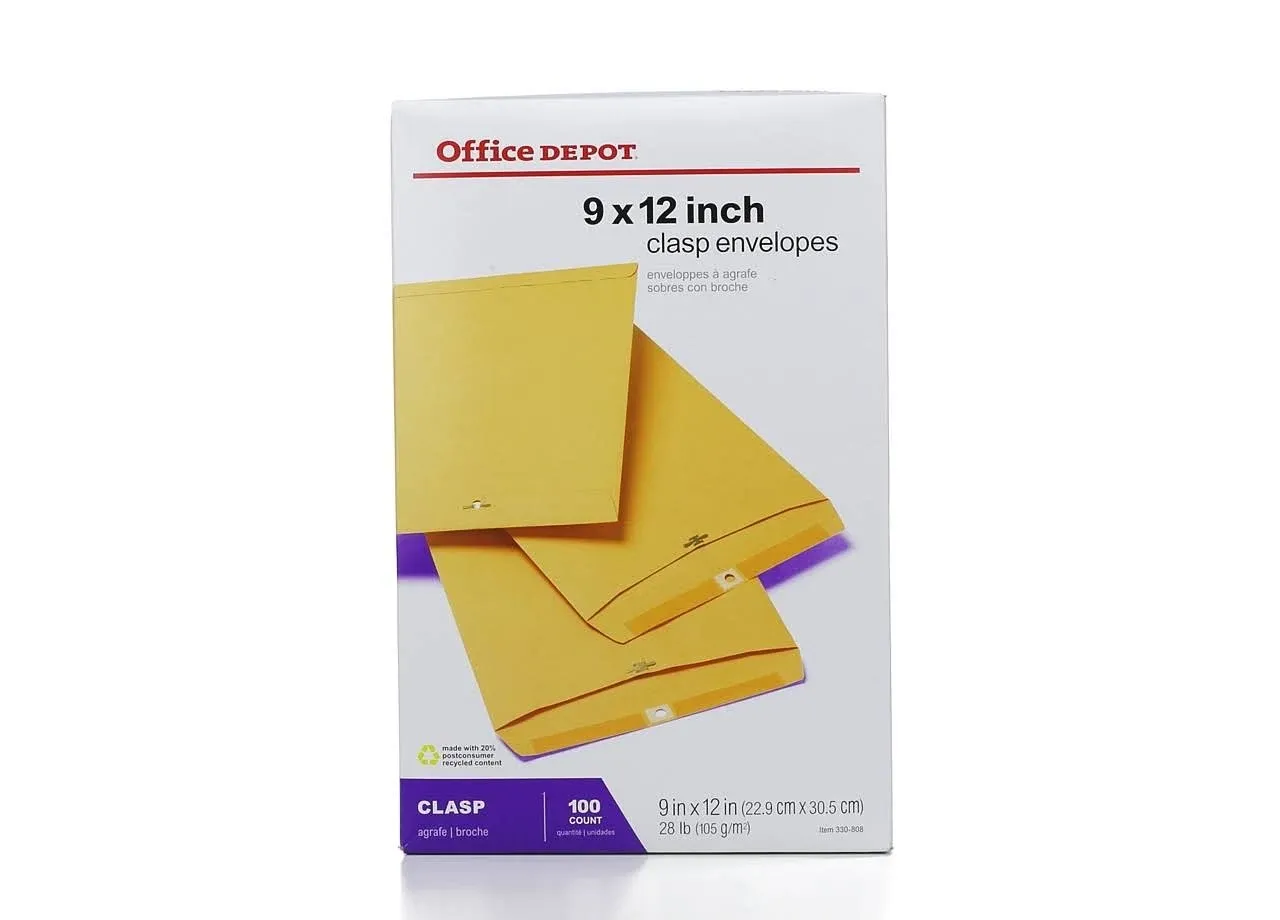 Office Depot Clasp Envelopes, 9" x 12", Brown - 100 count