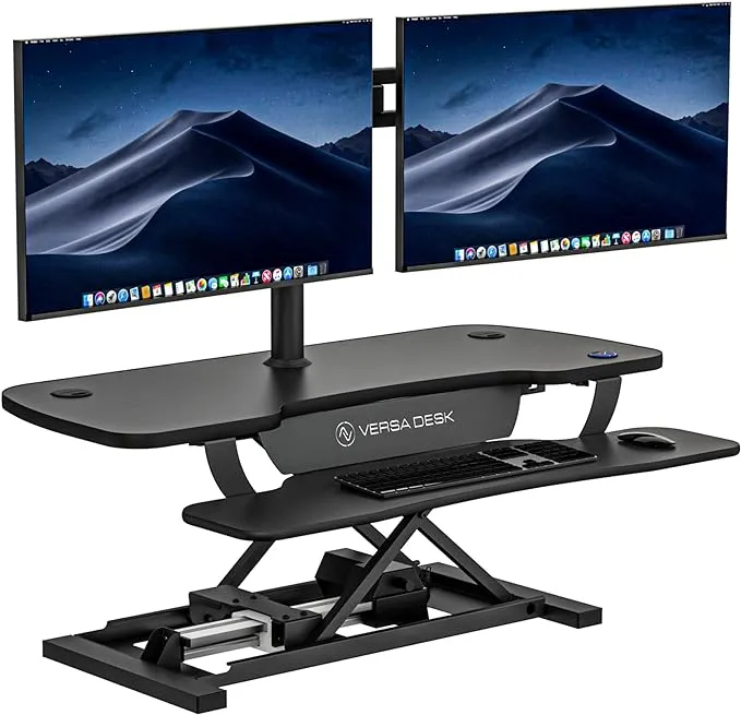 VERSADESK PowerPro Electric Height-Adjustable Desktop Riser, 40" Standing Desk Converter, Sit to Stand Desktop, Keyboard Tray, USB Charging Port, Black