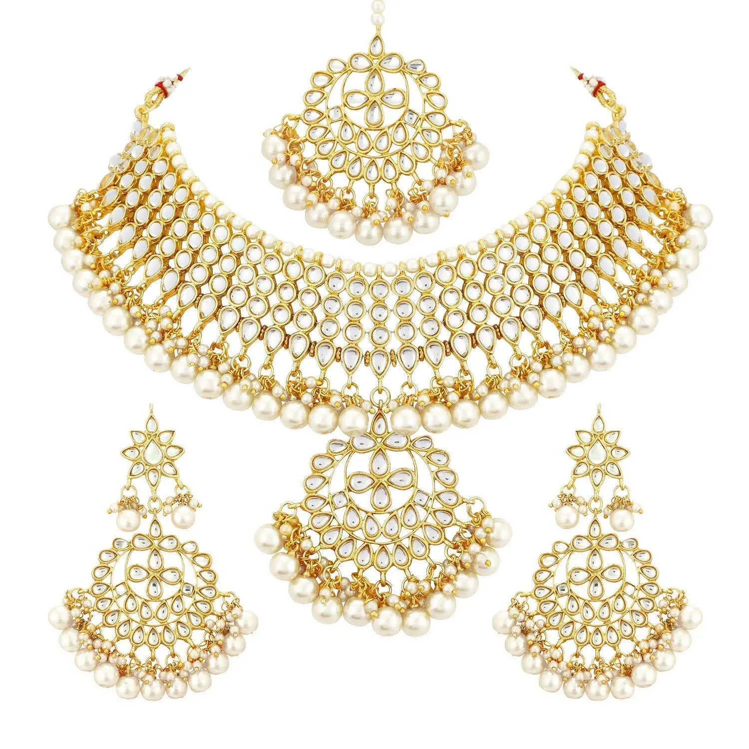 Aheli Faux Kundan Necklace Earrings Maang Tikka Set Indian Jewelry Set for Women