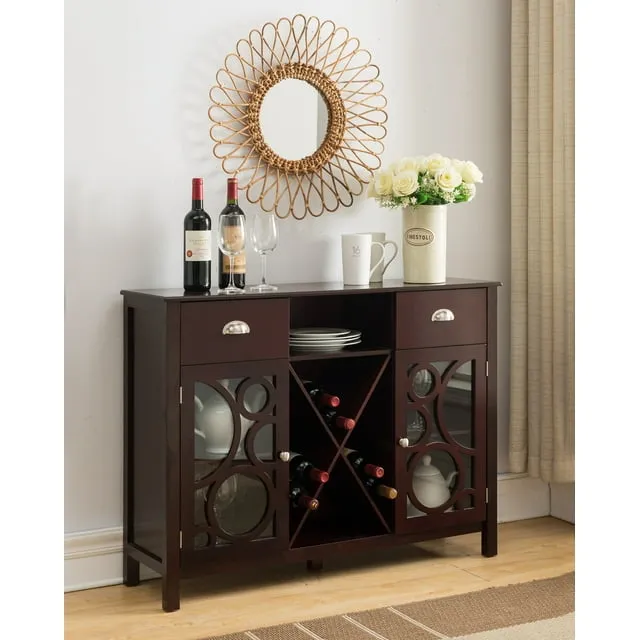 Finn Contemporary Sideboard Buffet Server with Wine Rack, Glass Cabinet Doors, Dark Cherry Wood