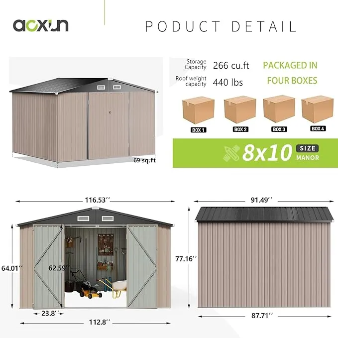 Aoxun Outdoor Storage Shed, 9.7x7.6 ft, Garbage Can,Outdoor Metal Shed for Tool,Garden,Bike, Brown(Floor Frame)