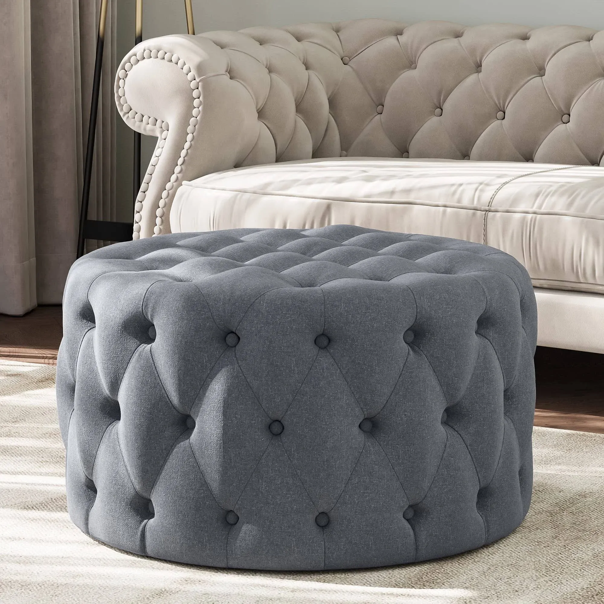 Modern 29 Inch Upholstered Linen Fabric Button Tufted Ottoman Bench, Gray