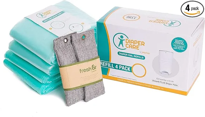 4 Pack Diaper Refill Liners – Compatible with Dekor PLUS Refill - Disposable Diaper Pail Liners Hold Up To 2372 Diapers – Baby Scented Refills with Natural Charcoal Smell Eliminator Bags