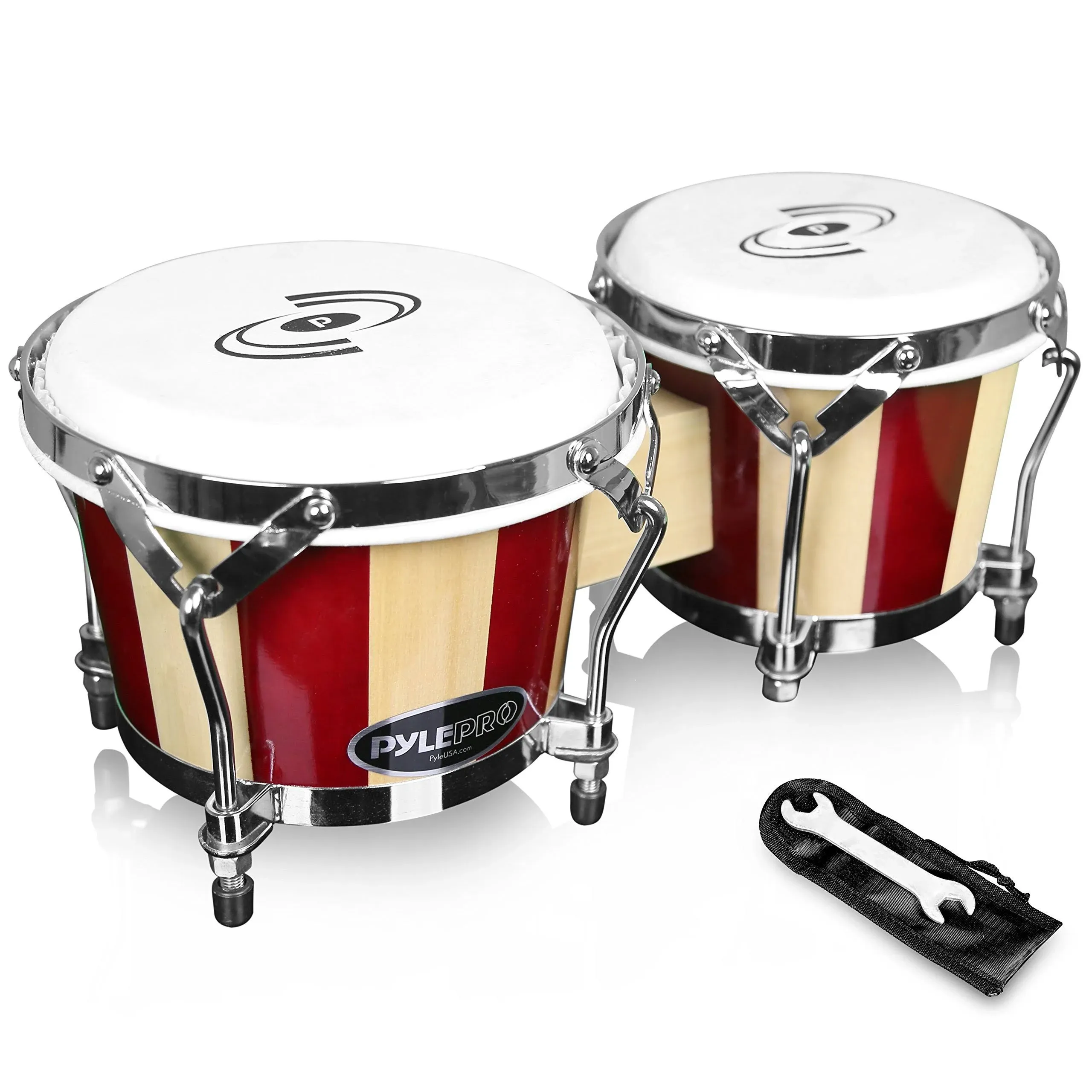 Pyle Handcrafted 6.5 and 7.5 Inch Birch Wood Bongo Drums Pair w/ Tuning Key