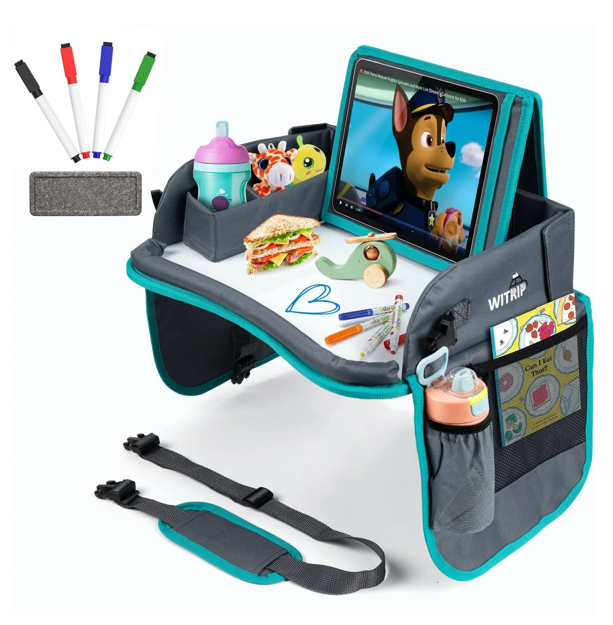 Kids Travel Tray with Dry Erase Board, Car Seat Tray for Food &amp; Play Activity,