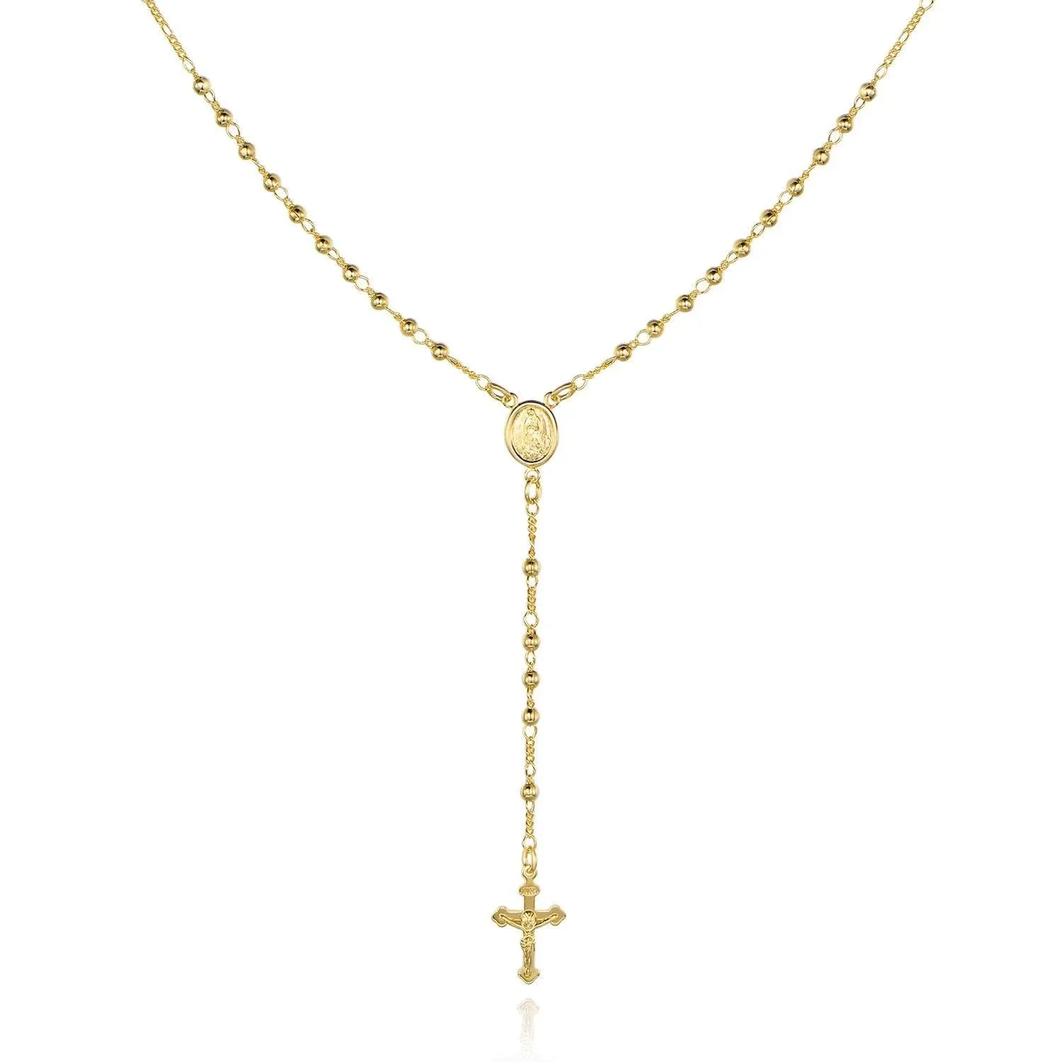 18K Gold Plated Virgin Mary Rosary Bead Cross Necklace 18 Inches