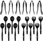 Shop Square Disposable Plastic Serving Utensils - 6 Each 6" Serving Tongs, 10” Serving Spoons, 10” Serving Forks (Set of 18 – Black)