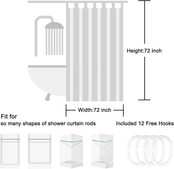 Fabric Shower Curtain for Bathroom Decor Grey and White Striped Shower Curtains with 12 Hooks, Weighted Hem, 72 x 72 inch Waterproof Bath Accessories