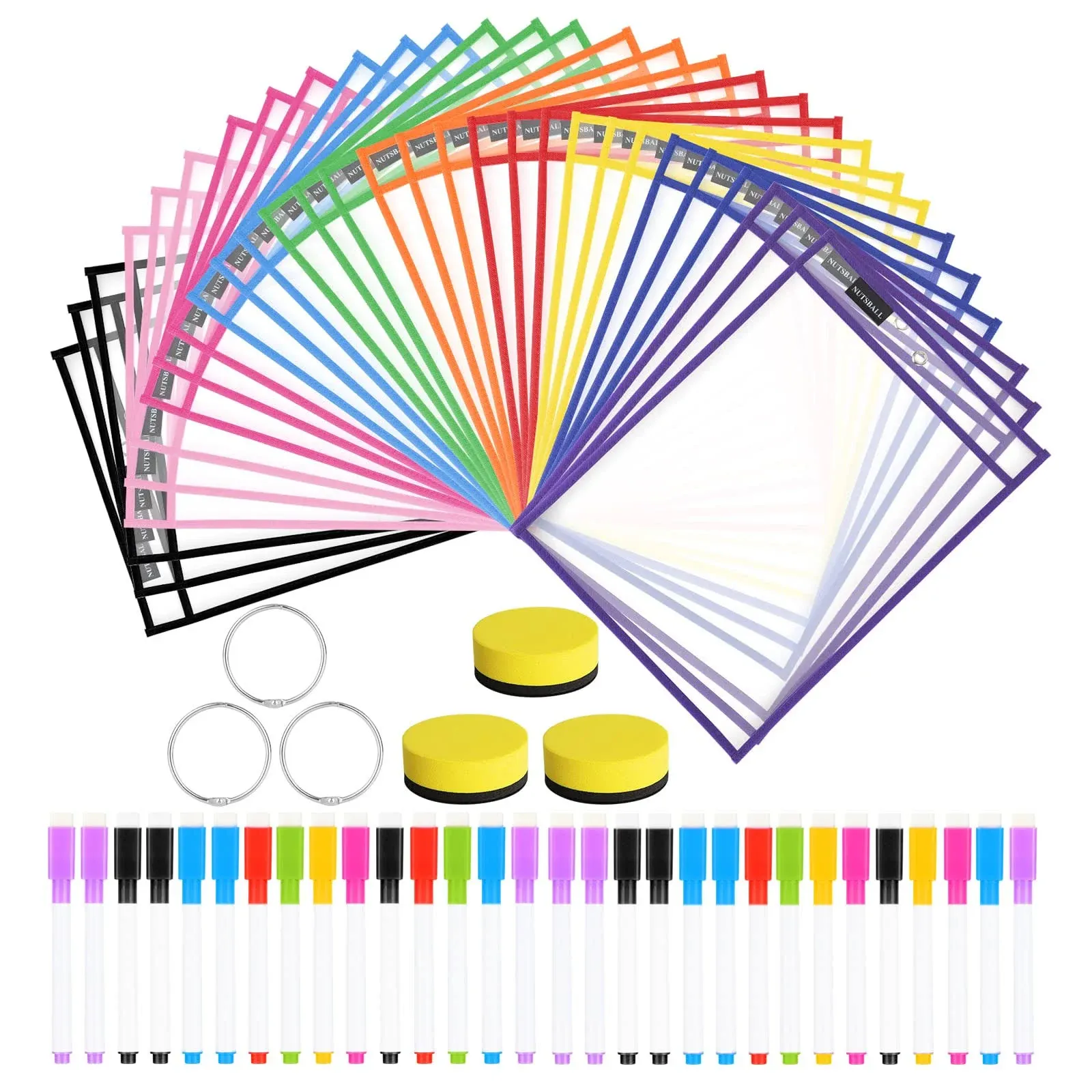 Nutsball Dry Erase Pockets Reusable Sleeves 30 Pack - Heavy Duty Oversized 10" x 14" Clear Plastic Sheet Protectors - Job Ticket Holders Assorted Colors - Teacher Supplies for Classroom