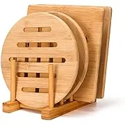 5 Pack Bamboo Trivets with Hot Pad and Plate Rack - No-Slip Design for Dishes Pots and Teapots