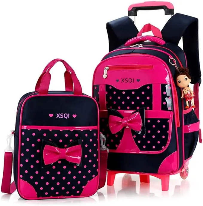 Cute Bowknot Rolling Backpack for Girls Wheeled School Bag with Handbag