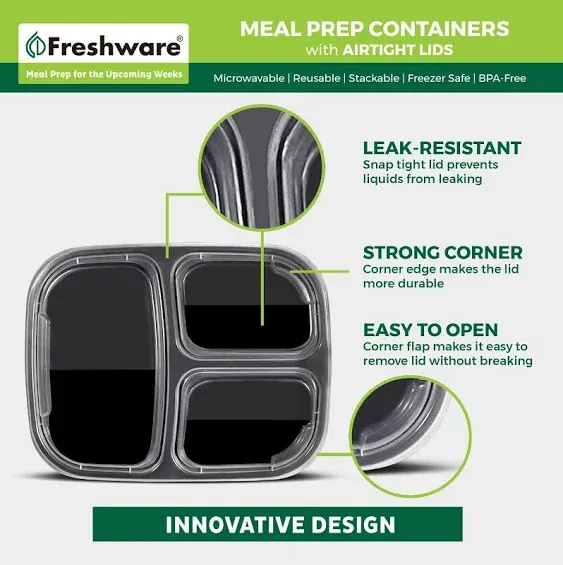 Freshware Meal Prep Containers [50 Pack] 3 Compartment Food Storage Containers with Lids, Bento Box, BPA Free, Stackable, Microwave/Dishwasher