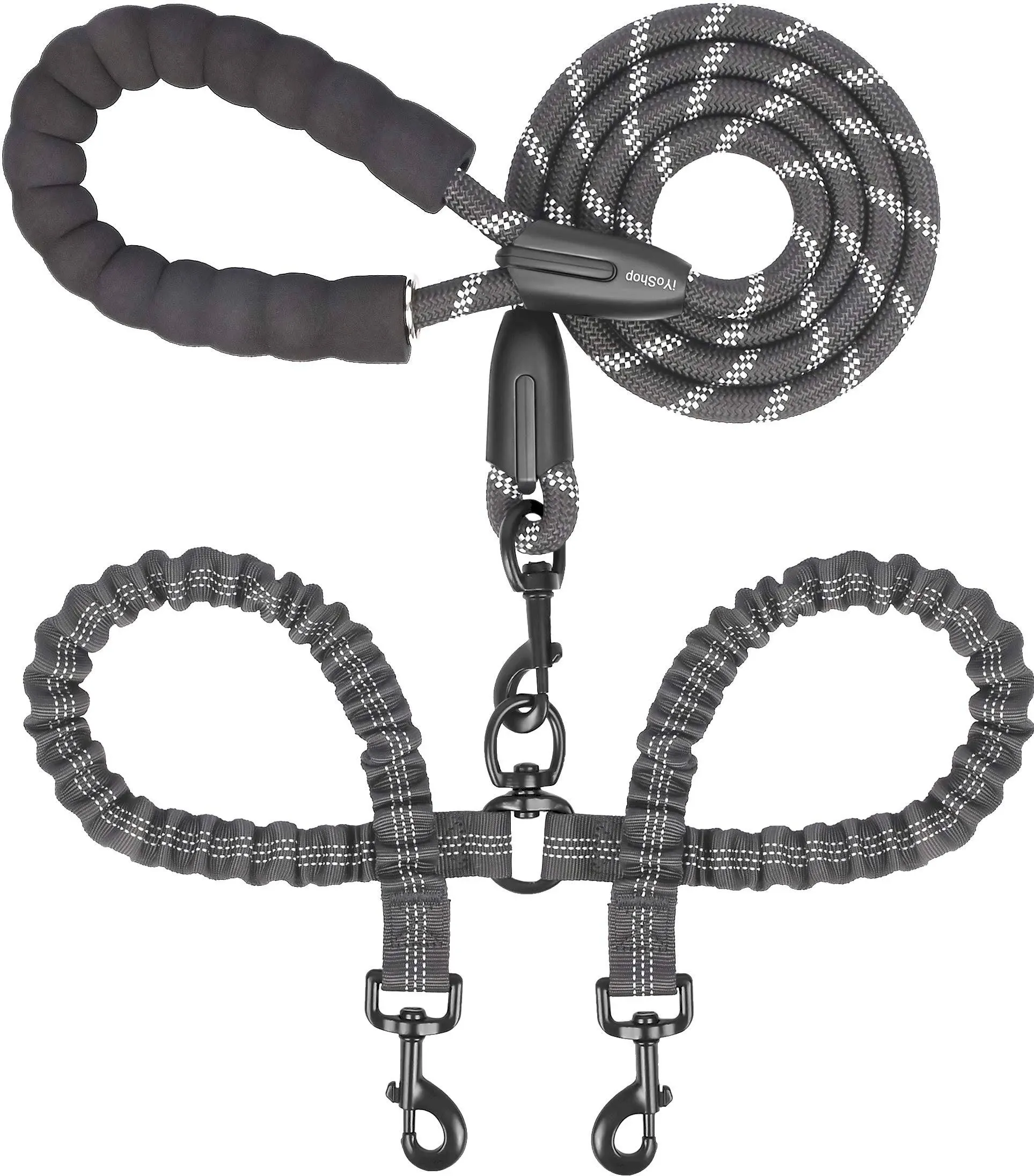 iYoShop Dual Dog Leash, Double Dog Leash, 360 Swivel No Tangle Walking Leash, Shock Absorbing Bungee for Two Dogs, Black, Large (25-150 lbs)