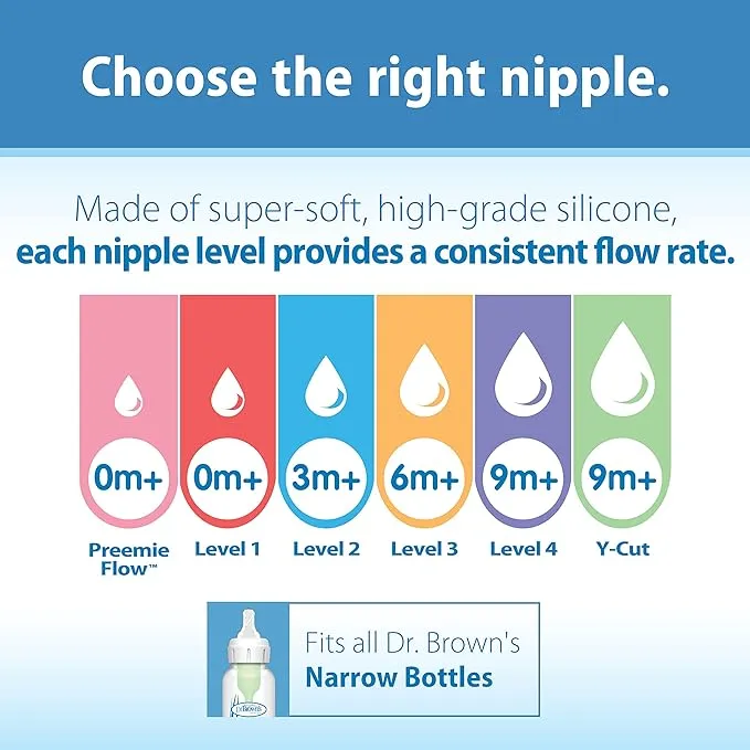 Dr. Brown's Narrow Baby Bottle Nipples - Level 2 - Medium Flow - 3 Months - 6pk