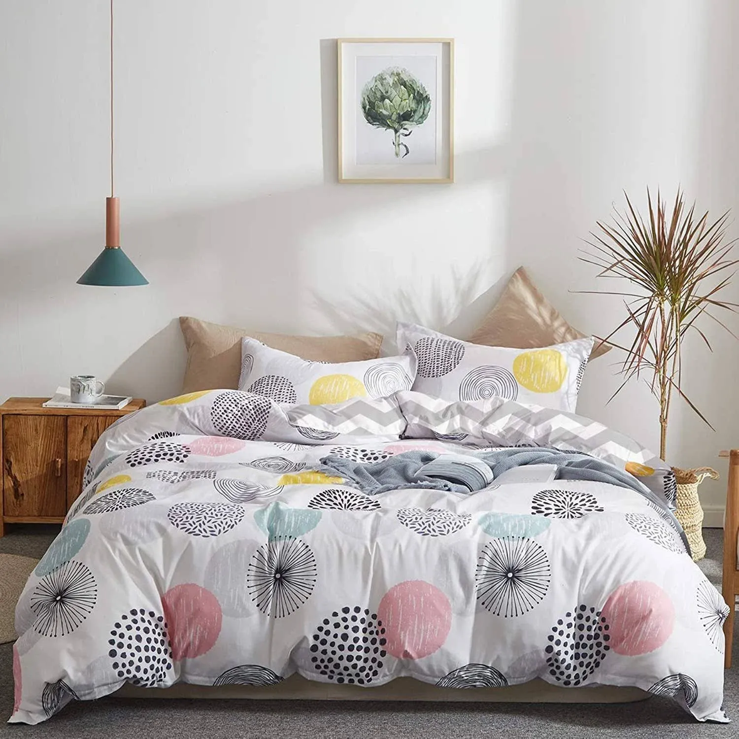 Colorful Dots Comforter Set Queen Size Pink Yellow Gray Blue Circles Print Reversible Down Alternative 800 TC Adult Teen Summer Duvet Sets 1 Winter Microfiber Comforter with 2 Pillow Shams