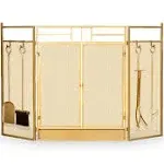 Fireplace 3 Panel Screen Spark Guard Hinged Doors With (4-Fireplace Tool) Gold