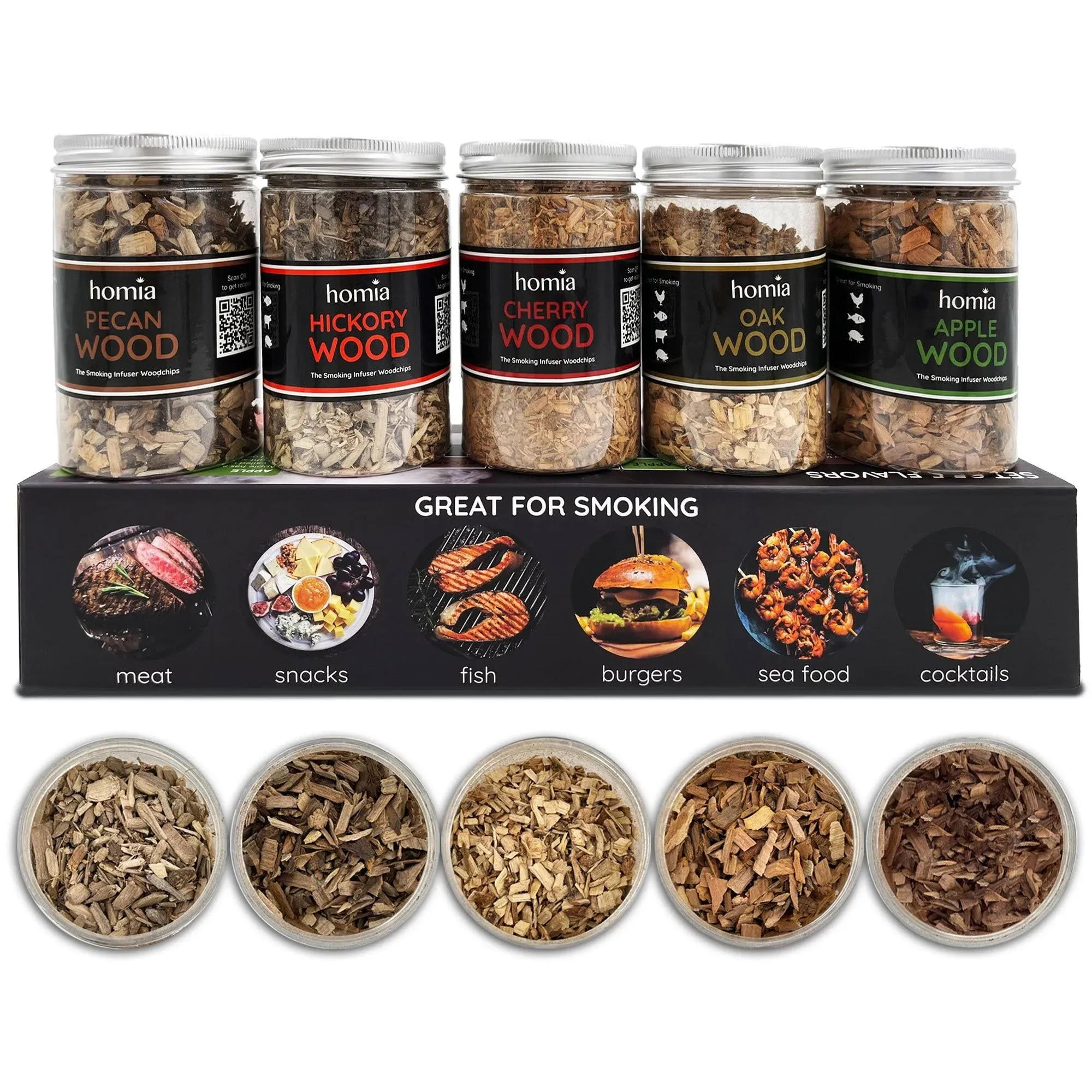 Cocktail Smoker Kit of Wood Chips, 5 pcs x 8.4 oz - Apple Wood, Cherry Wood, Hickory Wood, Pecan Wood, Oak Wood for Food Smoker for Smoking Infuser and Cocktail Smoker