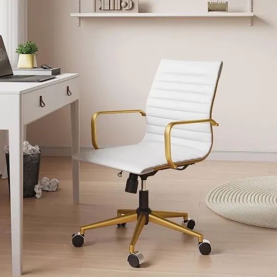 Ergonomic Computer Chair – Ultimate Comfort for Long Hours – Adjustable Swivel White and Gold Desk Chair – Ideal for Home Office – Stylish Gold Office Chair