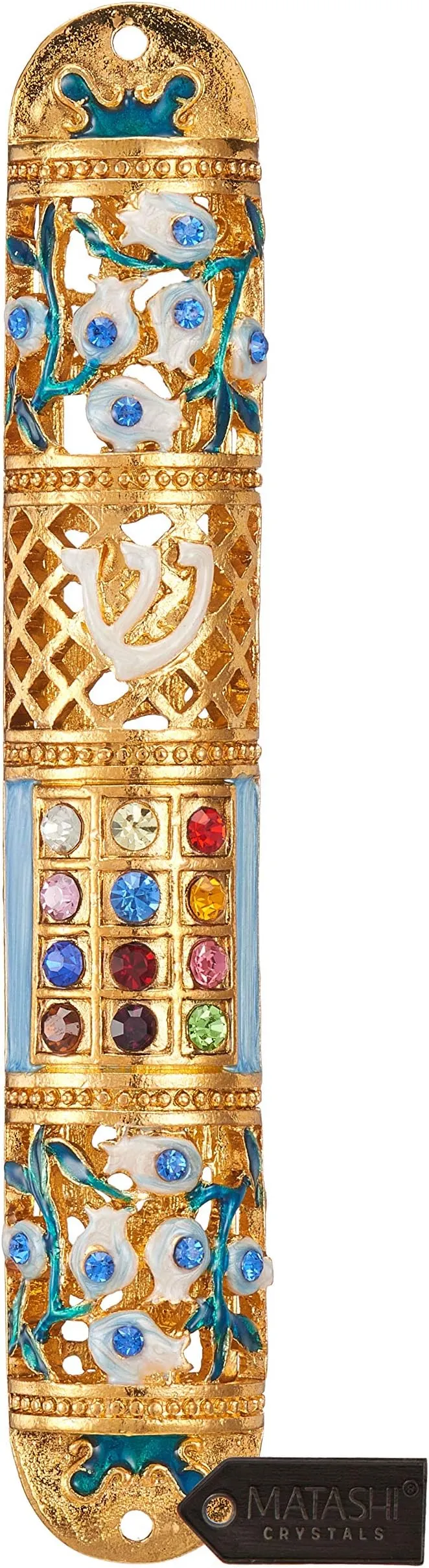 Handmade  6&quot; Enamel Mezuzah Embellished with Multi Colored Crystals and a Floral Design with Gold Accents and Crystals