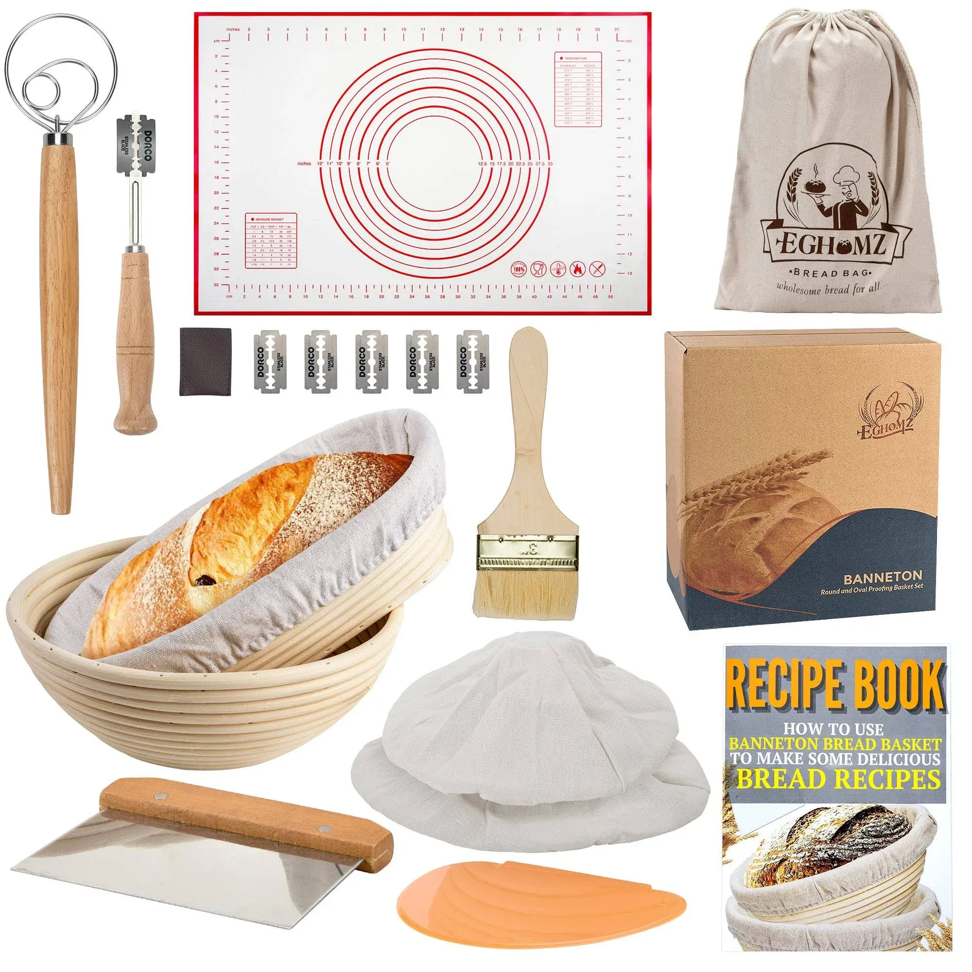 17 Pieces Banneton Bread Proofing Basket Set - 9 inch Round and 10 inch Oval Sourdough Bread Proofing Baskets - A Complete Bread Making Kit, Danish