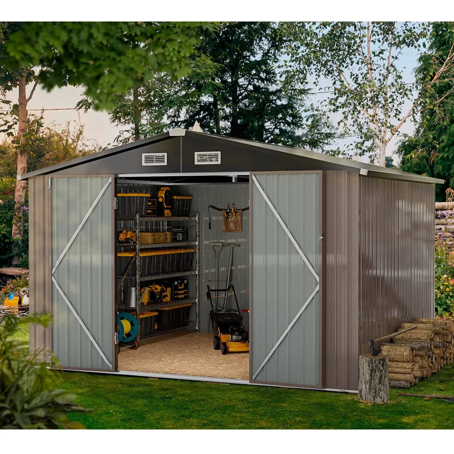 Aoxun Outdoor Storage Shed, 9.7x7.6 FT, Garbage Can,Outdoor Metal Shed for Tool,Garden,Bike, Brown(Floor Frame)