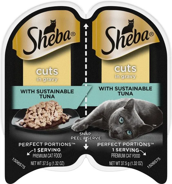 SHEBA PERFECT PORTIONS Cuts in Gravy Adult Wet Cat Food Trays (24 Count, 48 Servings), Sustainable Tuna Entrée, Easy Peel Twin-Pack Trays